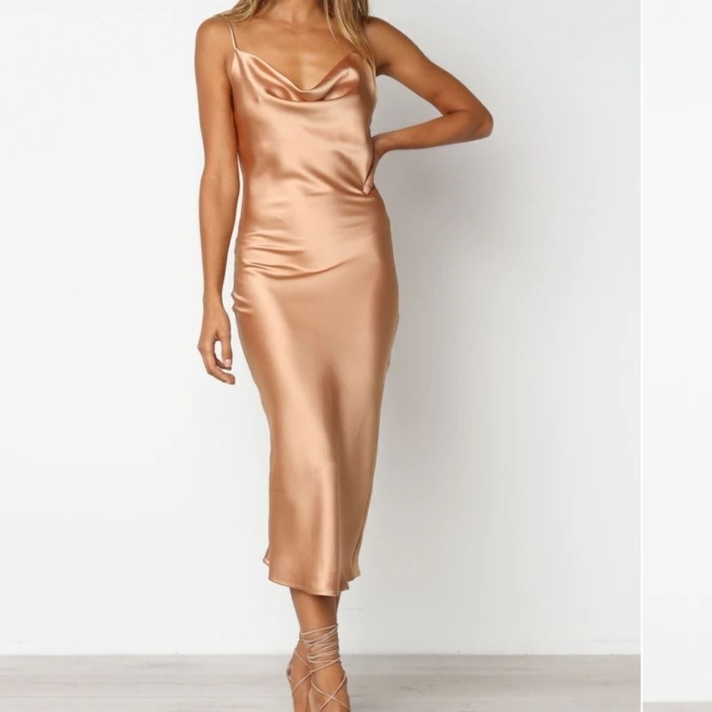 Petal & Pup Persia Gold Satin Draped Sleeveless Cocktail Midi Slip Dress 8US - Picture 5 of 12
